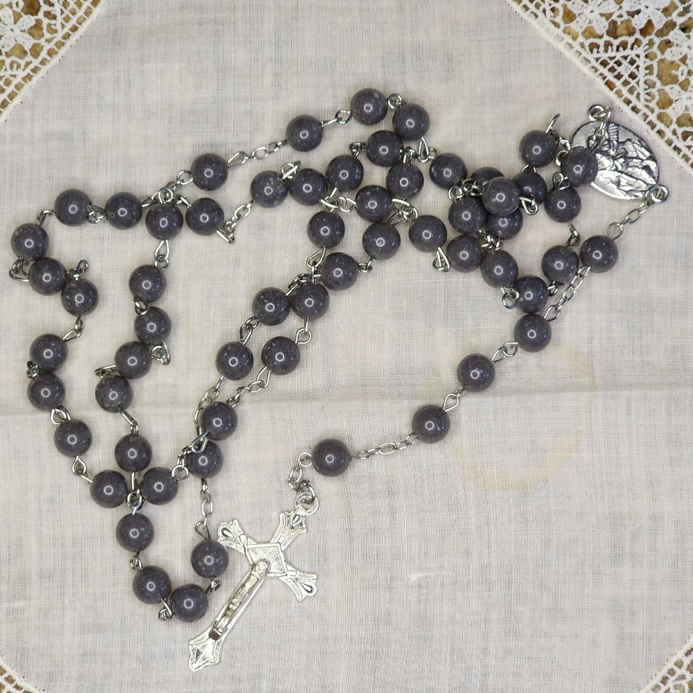 BEAUTIFUL Gray Polished Stone Rosary - Photo does not do it justice